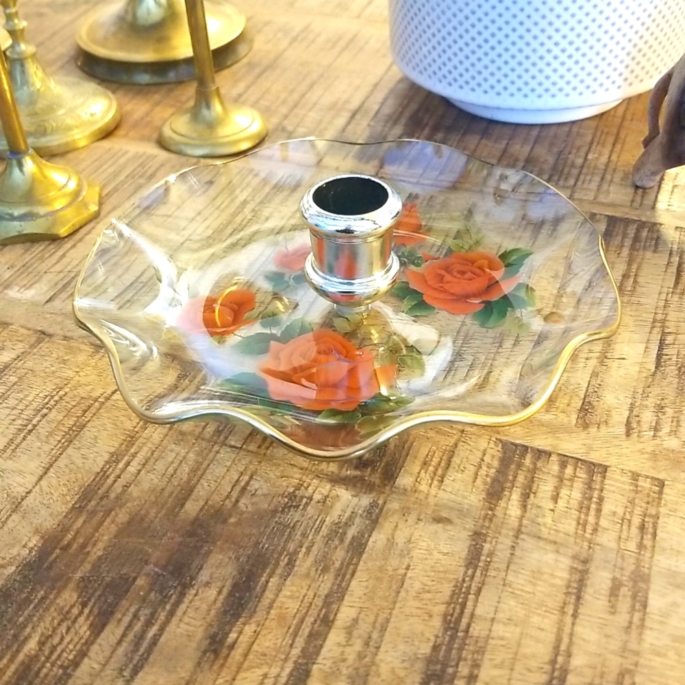 Vintage Chance Glass Pilkington Fluted Floral Glass Candle Holder